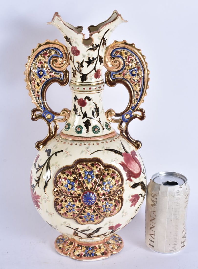 A LARGE ANTIQUE HUNGARIAN POTTERY TWIN HANDLED ALHAMBRA VASE with reticulated body, painted with flo (1 of 8)