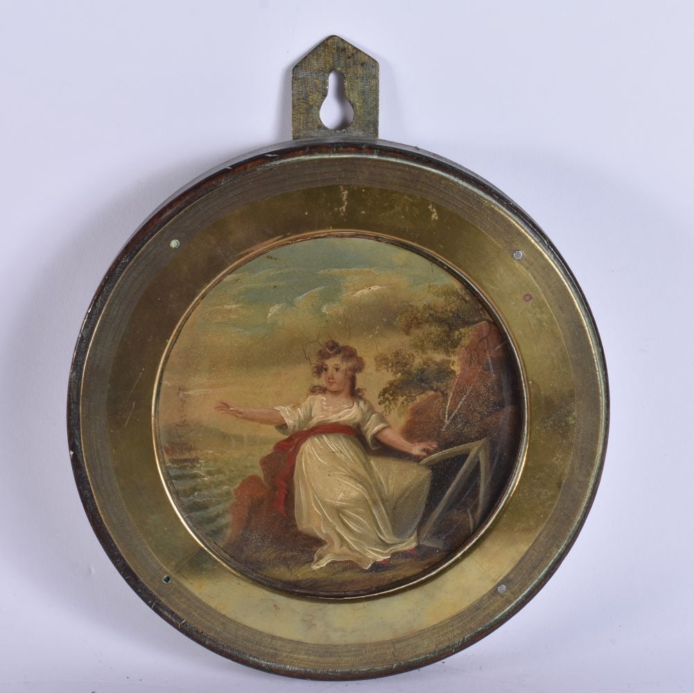 AN 18TH/19TH CENTURY OIL ON BOARD painted with a female and a ship at sea. 19 cm wide, image 13 cm w: AN 18TH/19TH CENTURY OIL ON BOARD painted with a female and a ship at sea. 19 cm wide, image 13 cm wide.