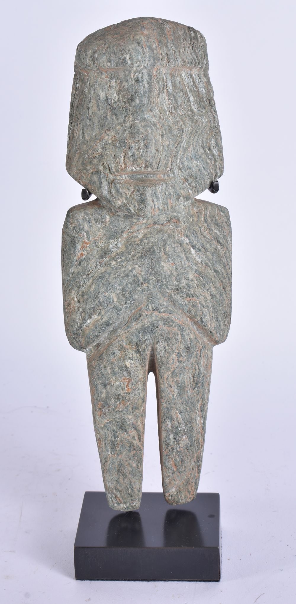 A RARE MEZCALA LATE PRECLASSIC PERIOD CARVED BLUE GREY CALCITE STONE FIGURE 300-100 BC. 26 cm high. (1 of 11)