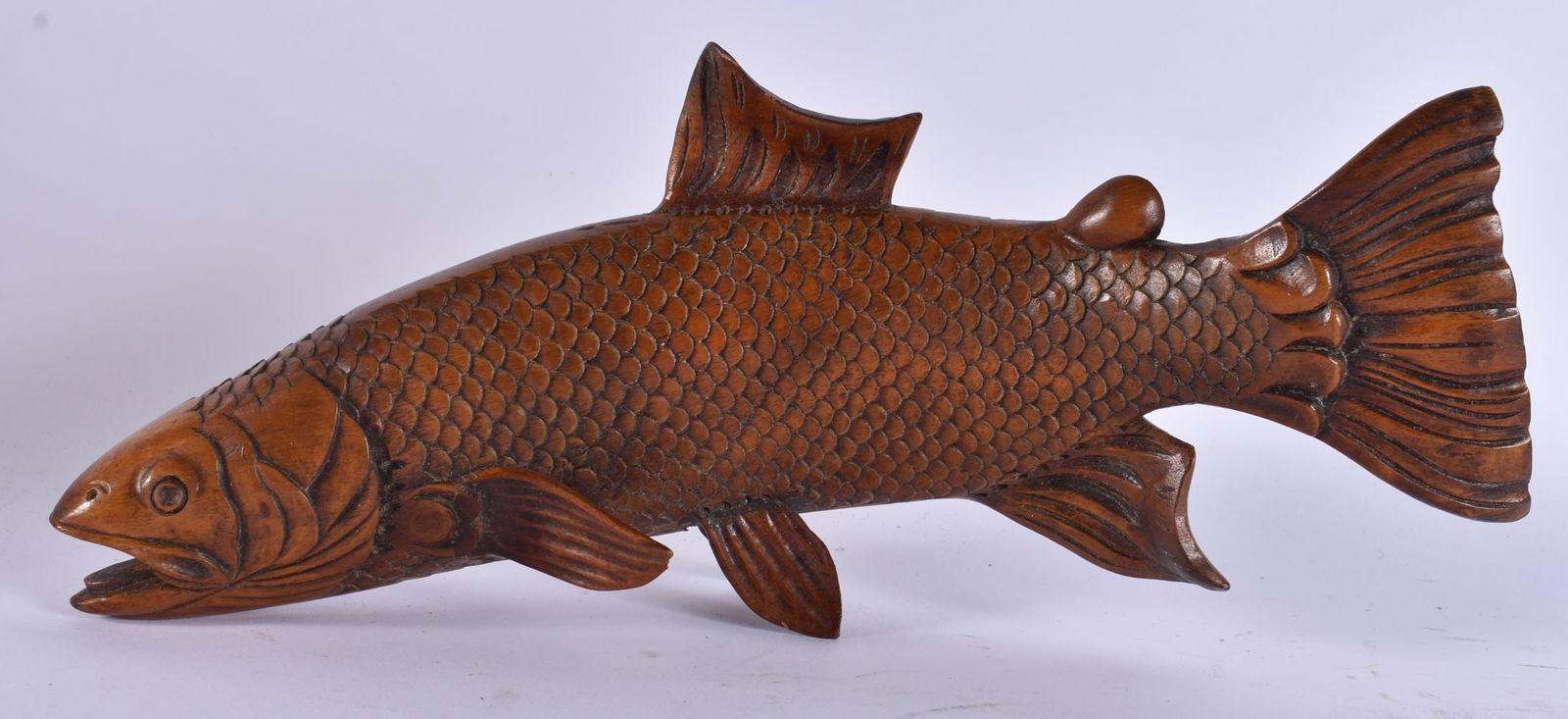AN ANTIQUE CARVED WOOD TREEN FIGURE OF A FISH. 32 cm wide. (1 of 6)