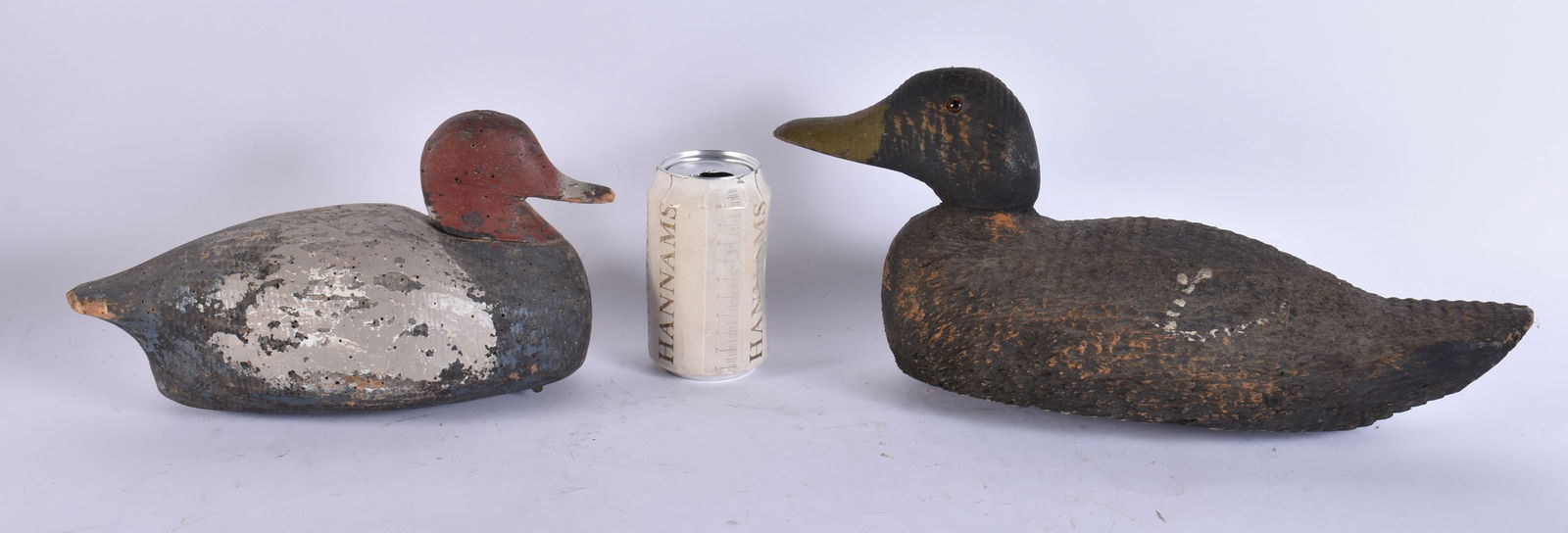 TWO ANTIQUE FOLK ART PAINTED WOOD DUCK DECOYS. Largest 38 cm wide. (2) (1 of 7)