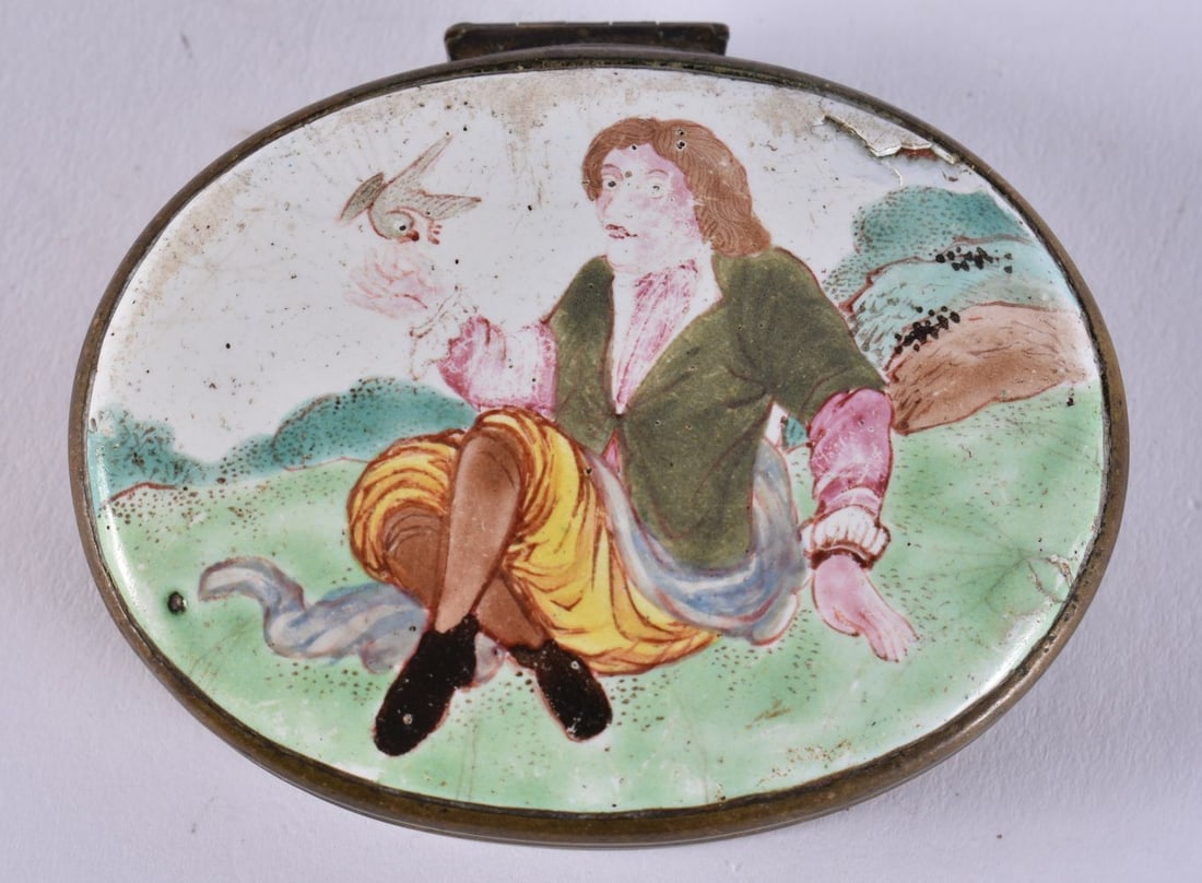 A RARE 18TH CENTURY CHINESE CANTON ENAMEL EUROPEAN SUBJECT SNUFF BOX painted with a male and a bird.: A RARE 18TH CENTURY CHINESE CANTON ENAMEL EUROPEAN SUBJECT SNUFF BOX painted with a male and a bird. 87 grams. 7.25 cm x 6 cm.