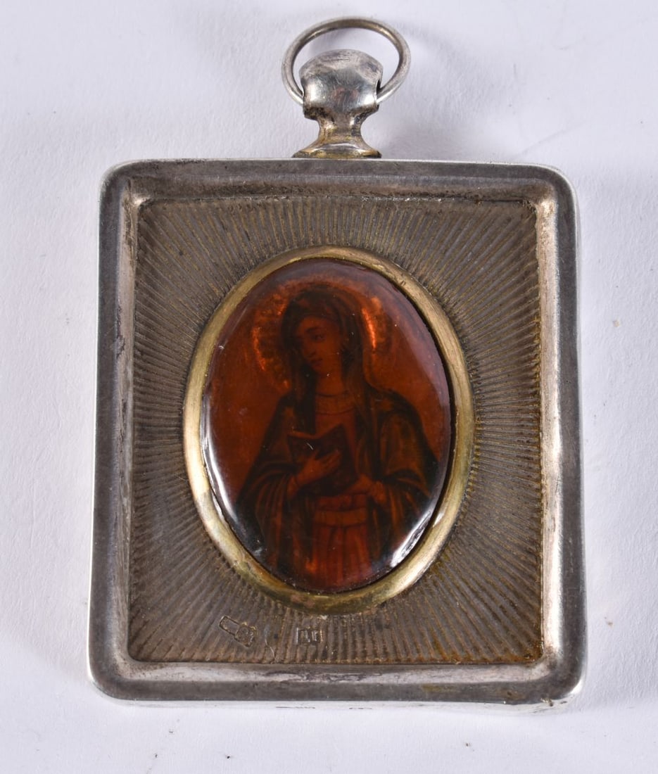 A 19TH CENTURY RUSSIAN SILVER MOUNTED WOOD ICON. 18.6 grams. 5.5 cm x 4 cm.: A 19TH CENTURY RUSSIAN SILVER MOUNTED WOOD ICON. 18.6 grams. 5.5 cm x 4 cm.