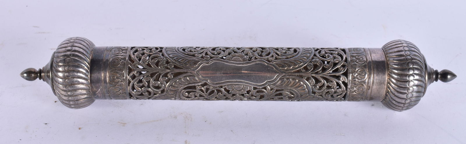 Antique Middle Eastern Ornate Continental Silver (800) Scroll Holder, Case 186g. 25 cm long.: Antique Middle Eastern Ornate Continental Silver (800) Scroll Holder, Case 186g. 25 cm long.