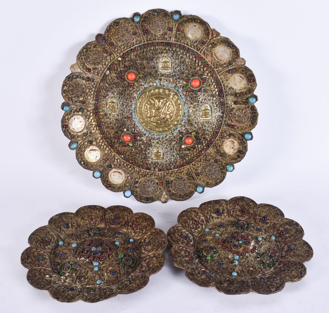 THREE 19TH CENTURY TIBETAN NEPALESE HIMALAYAN BUDDHIST JEWELLED PLAQUES. Largest 25.5 cm wide. (3): THREE 19TH CENTURY TIBETAN NEPALESE HIMALAYAN BUDDHIST JEWELLED PLAQUES. Largest 25.5 cm wide. (3)