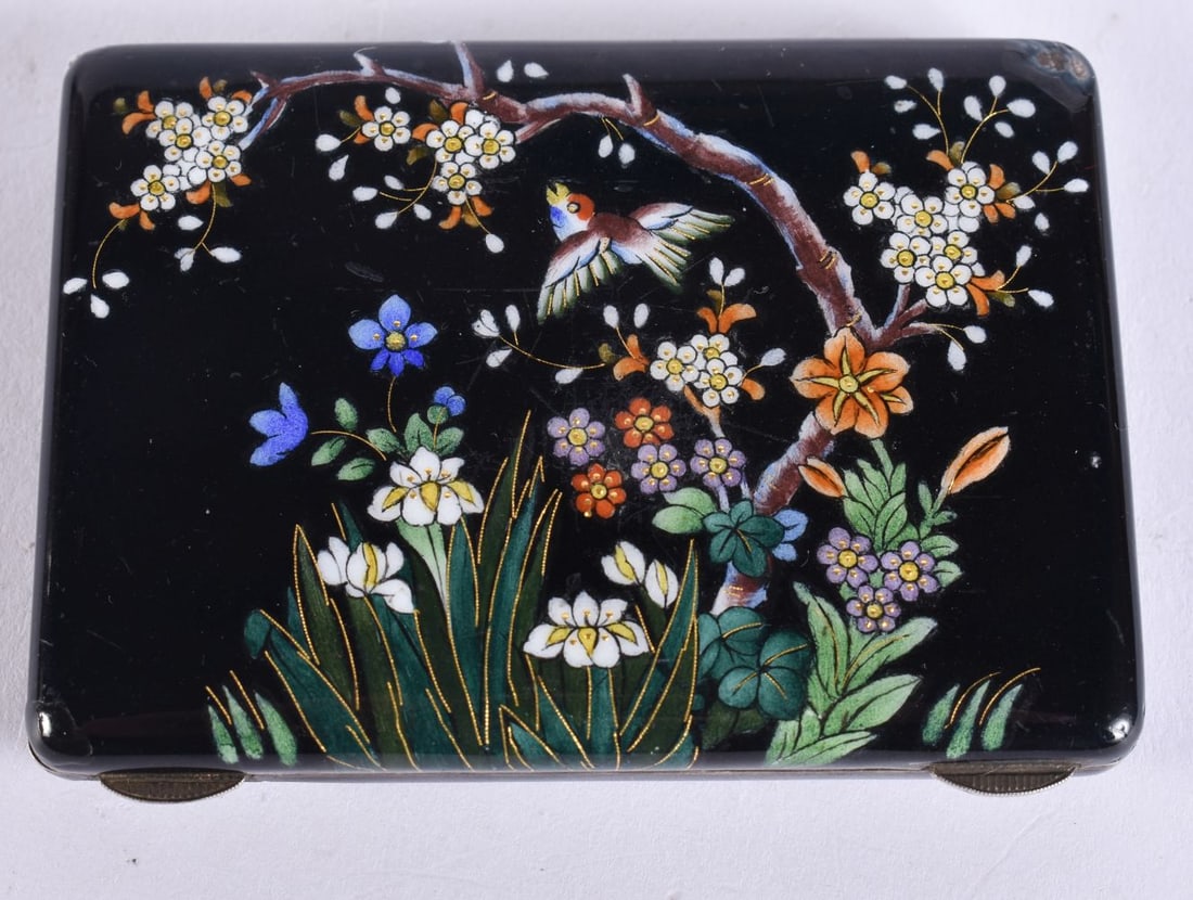 AN ANTIQUE CONTINENTAL SILVER AND ENAMEL BOX painted with birds amongst foliage. 179 grams. 8.5 cm x (1 of 7)