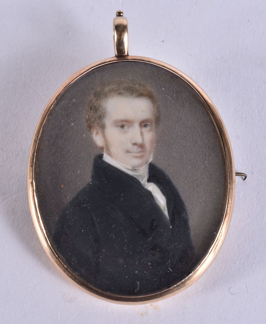 English School (19th Century) Watercolour, Male, 9ct gold mounts. 6.5 cm x 4 cm.: English School (19th Century) Watercolour, Male, 9ct gold mounts. 6.5 cm x 4 cm.