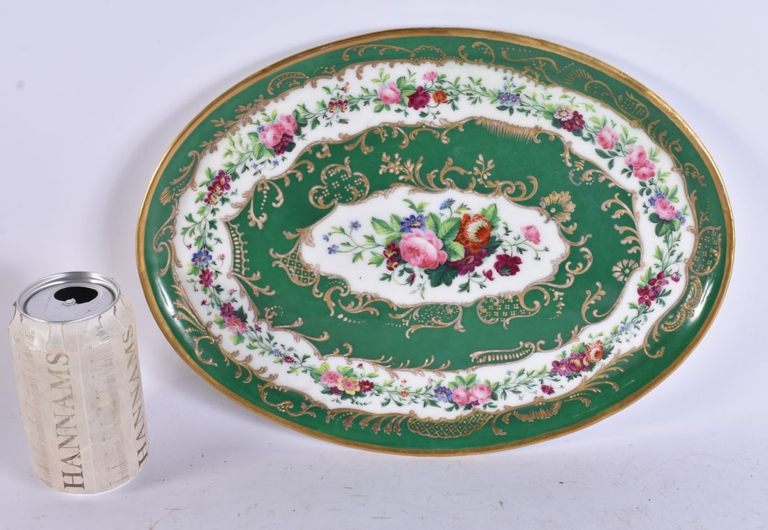 A LARGE 19TH CENTURY FRENCH PORCELAIN DISH painted with flowers. 34 cm x 22 cm. (1 of 5)