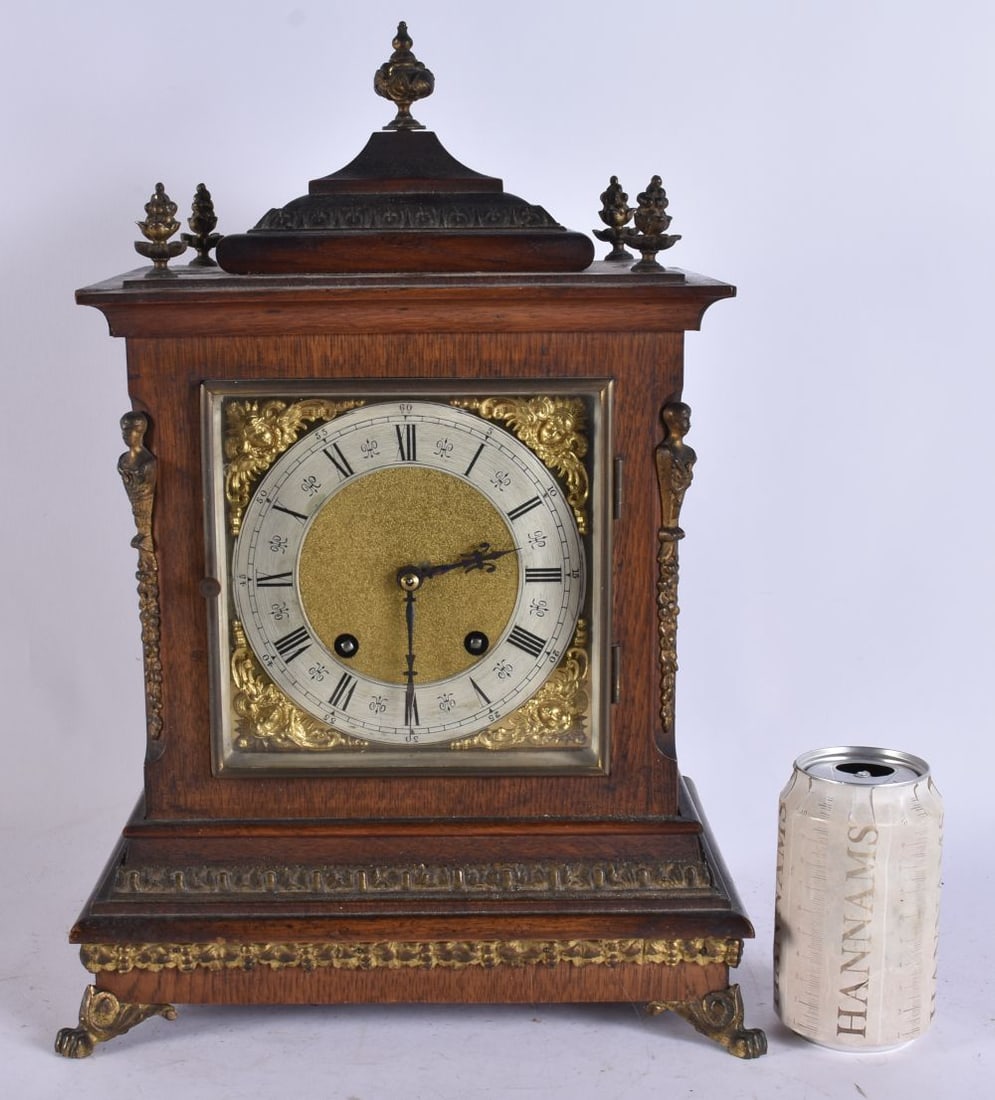 AN ANTIQUE OAK BRONZE MOUNTED MANTEL CLOCK. 42 cm x 22 cm. (1 of 7)