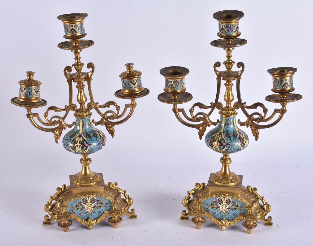 A PAIR OF 19TH CENTURY FRENCH GILT BRONZE AND CHAMPLEVE ENAMEL CANDLESTICKS. 32 cm x 16 cm. (1 of 7)