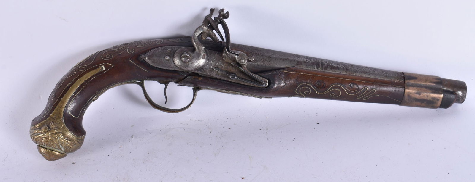 AN ANTIQUE TURKISH PISTOL. 35 cm wide. WE ARE UNABLE TO OFFER IN HOUSE SHIPPING ON THIS LOT (1 of 5)