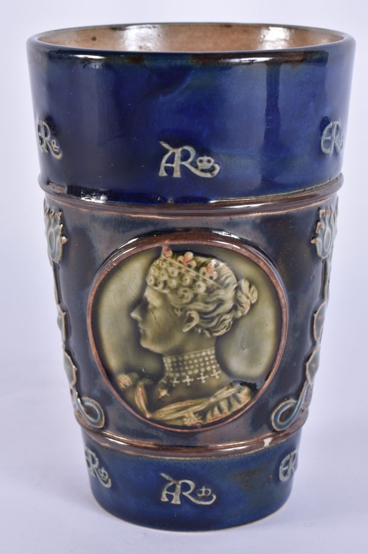 A DOULTON LAMBETH CORONATION BEAKER. 12.5 cm high.: A DOULTON LAMBETH CORONATION BEAKER. 12.5 cm high.