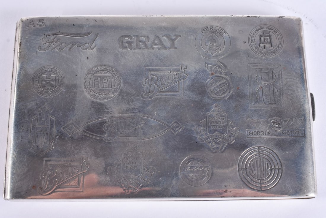 A LOVELY MOTORING INTEREST ART DECO SILVER CIGARETTE CASE. 192 grams. 12.5 cm x 8.5 cm.: A LOVELY MOTORING INTEREST ART DECO SILVER CIGARETTE CASE. 192 grams. 12.5 cm x 8.5 cm.