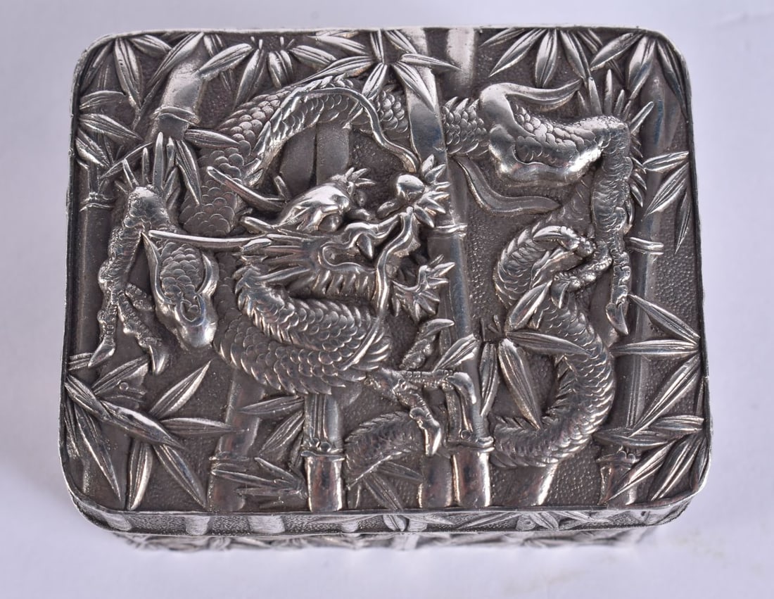 A 19TH CENTURY JAPANESE MEIJI PERIOD WHITE METAL DRAGON BOX. 119 grams. 5.75 cm x 5 cm. (1 of 5)