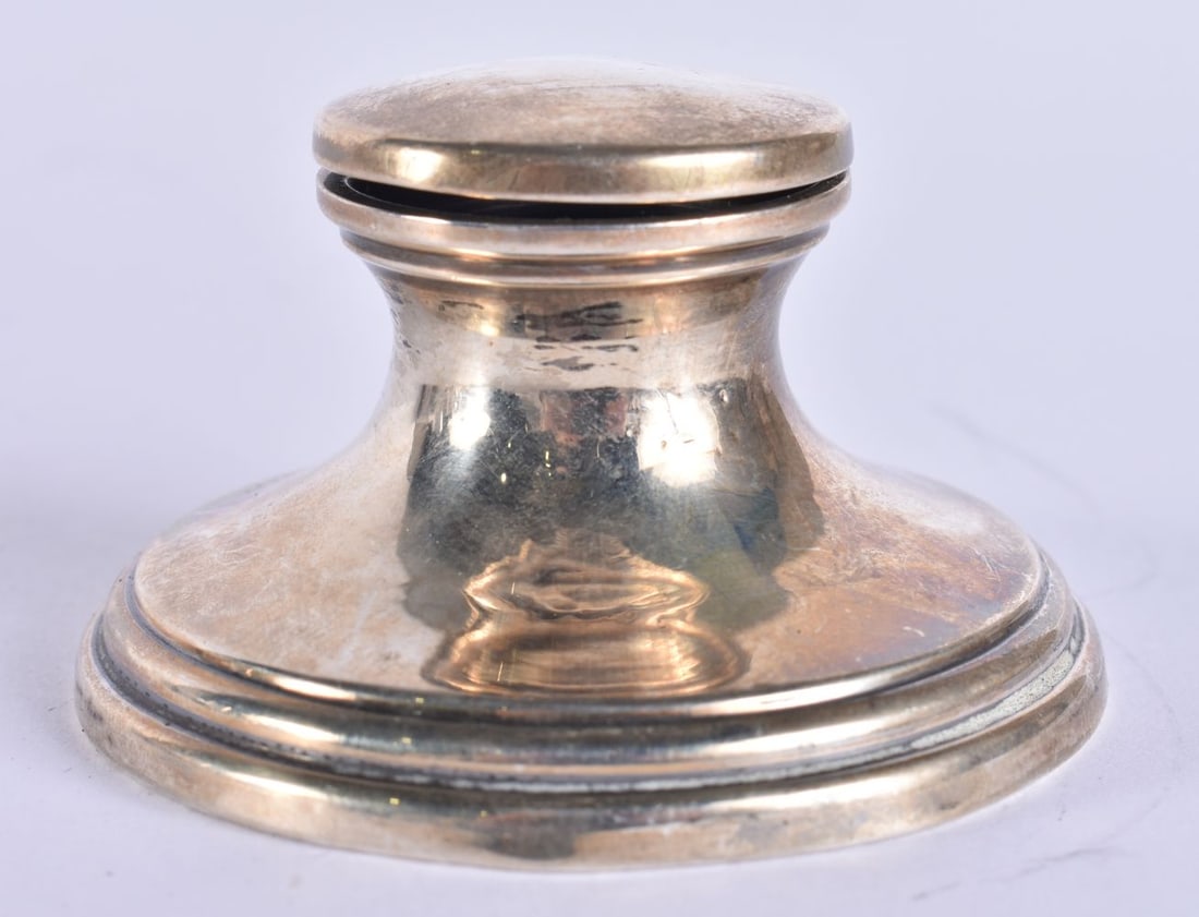 A MINIATURE ANTIQUE SILVER INKWELL. 48 grams overall. 6 cm wide. (1 of 4)