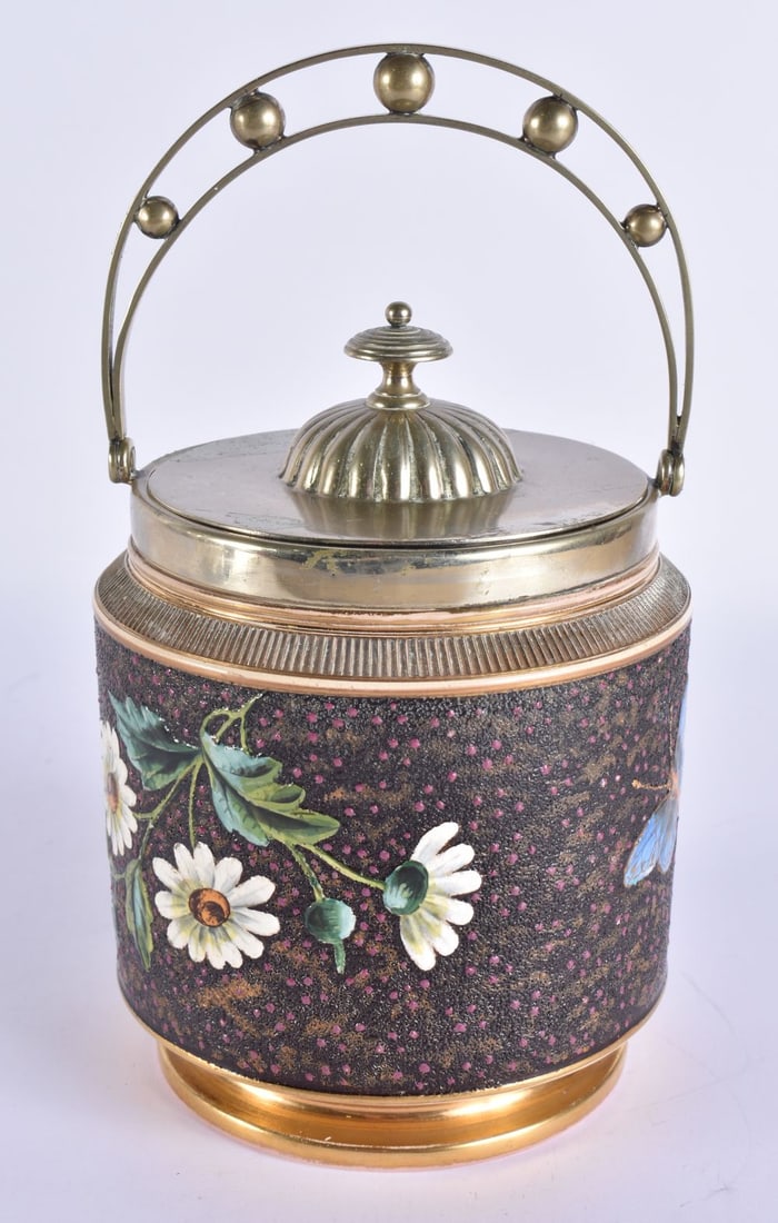 A VICTORIAN AESTHETIC MOVEMENT POTTERY ENAMELLED BISCUIT BARREL. 25 cm high inc handle.: A VICTORIAN AESTHETIC MOVEMENT POTTERY ENAMELLED BISCUIT BARREL. 25 cm high inc handle.