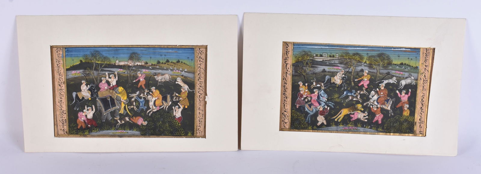 Indian/Persian School (19th Century) Near pair, Watercolours, illuminated manuscript, battle scenes. (1 of 12)