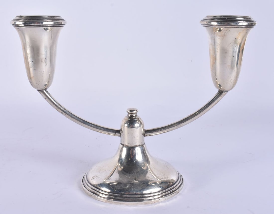 A SILVER TWIN BRANCH CANDLESTICK. 412 grams overall. 14cm x 18 cm. (1 of 5)