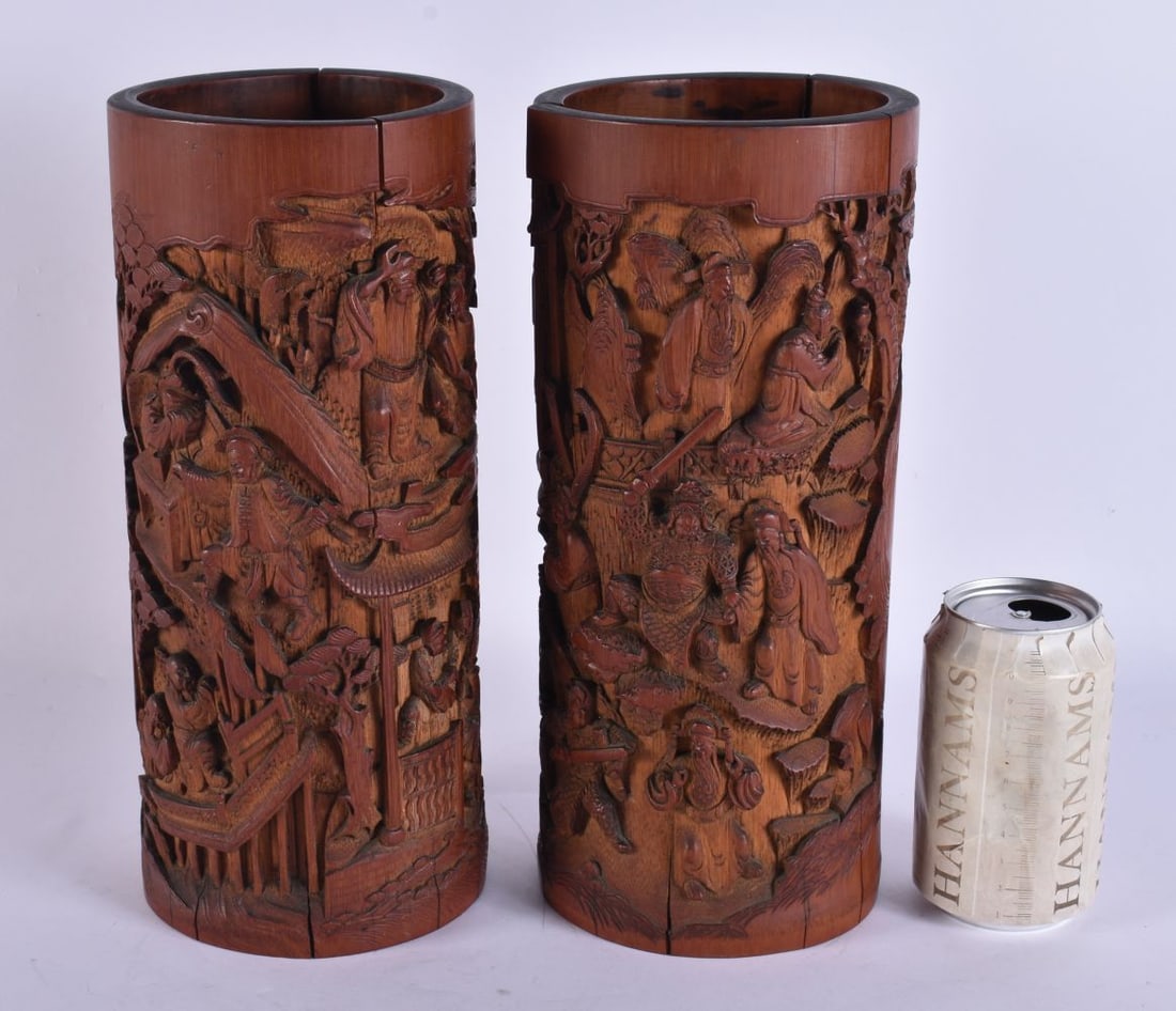 A PAIR OF 19TH CENTURY CHINESE CARVED BAMBOO BITONG BRUSH POTS Qing. 29 cm high. (1 of 8)