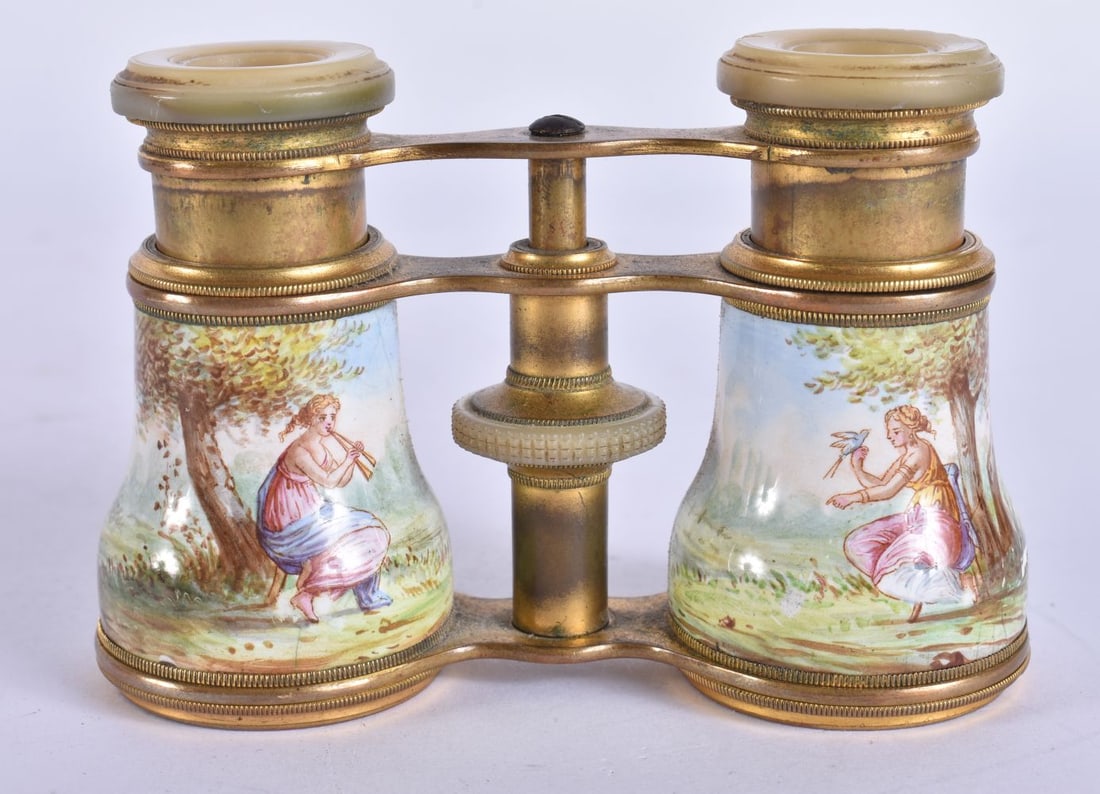 A PAIR OF ANTIQUE SWISS VIENNESE ENAMEL OPERA GLASSES painted with figures in a landscape. 10 cm x 9 (1 of 5)