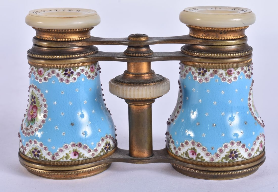 A PAIR OF ANTIQUE FRENCH ENAMEL OPERA GLASSES Chevallier of Paris. 10 cm x 8 cm extended. (1 of 5)