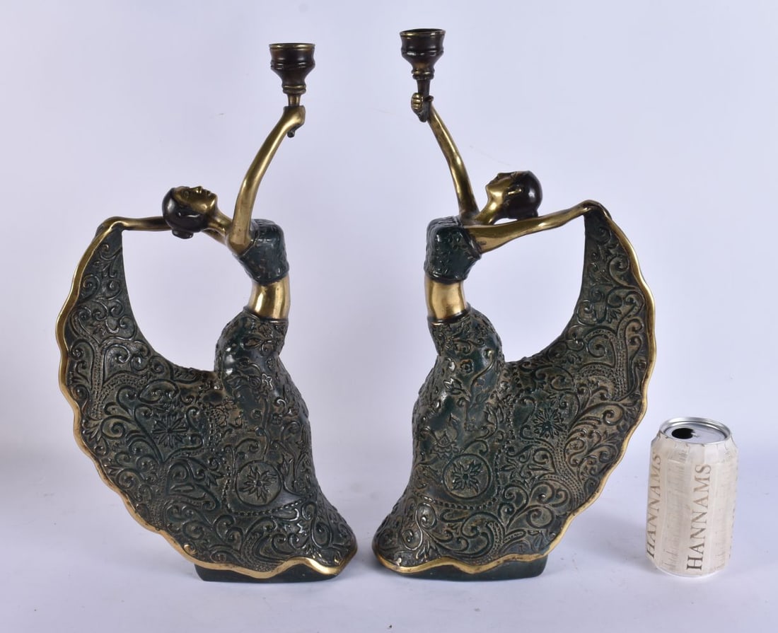 A PAIR OF VINTAGE BRONZE DANCING LADY CANDLESTICKS. 42 cm x 20 cm.: A PAIR OF VINTAGE BRONZE DANCING LADY CANDLESTICKS. 42 cm x 20 cm.