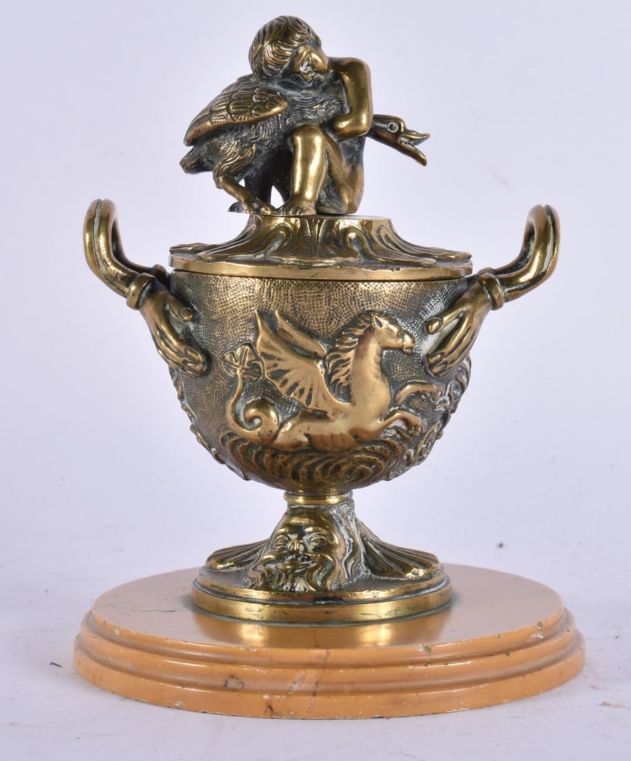 A 19TH CENTURY GRAND TOUR BRONZE INKWELL AND COVER modelled upon a sienna marble base. 14cm x 10 cm. (1 of 5)