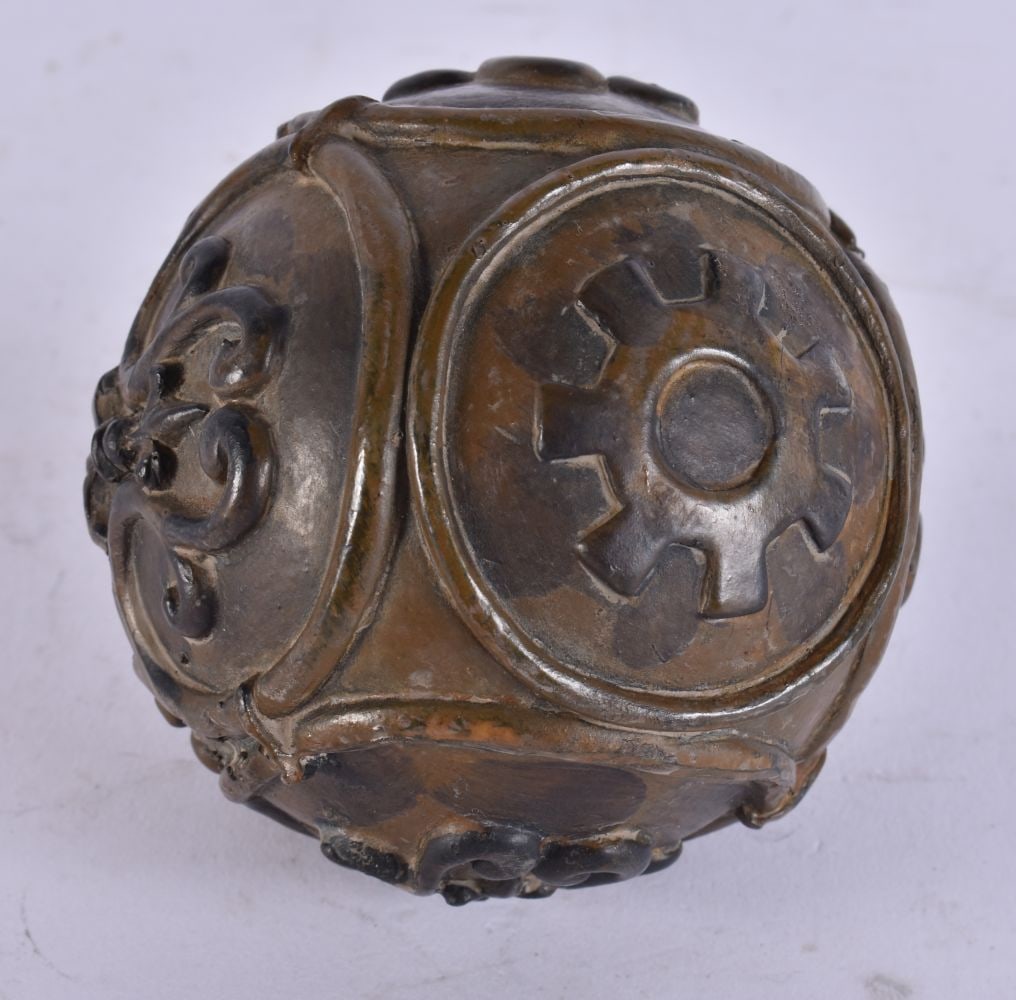 AN UNUSUAL 19TH CENTURY CARVED TREEN WOOD SPHERE BALL decorated in relief with motifs. 8.5 cm wide.: AN UNUSUAL 19TH CENTURY CARVED TREEN WOOD SPHERE BALL decorated in relief with motifs. 8.5 cm wide.