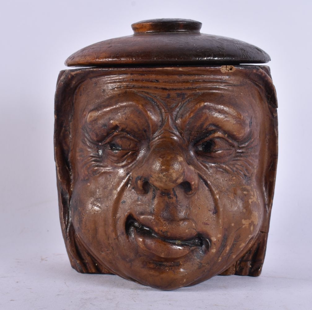 AN UNUSUAL EARLY 19TH CENTURY CARVED WOOD FOLK ART TOBACCO JAR AND COVER with lead liner. 16 cm x 12 (1 of 5)