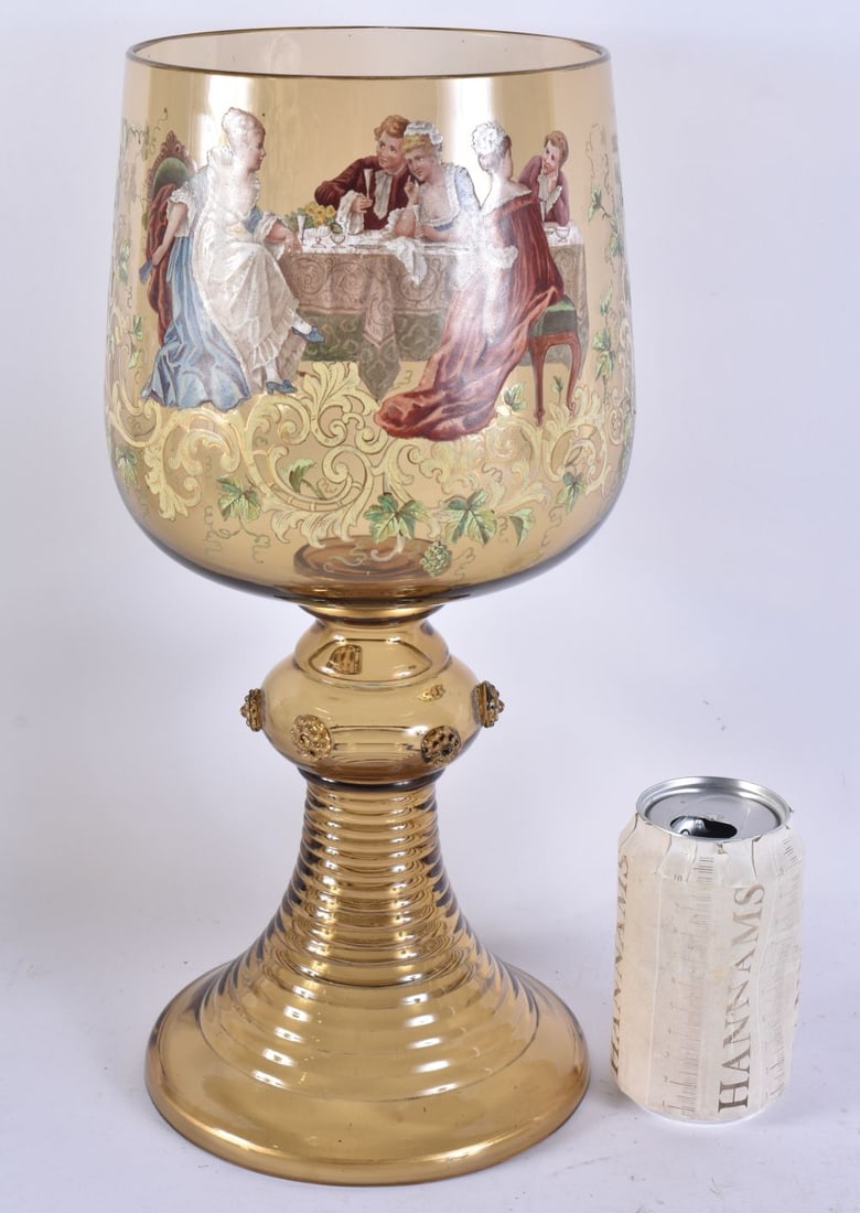 AN ANTIQUE GERMAN ENAMELLED GLASS GOBLET. 38 cm high. (1 of 6)