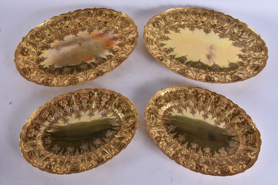 A SET OF FOUR VICTORIAN GILDED SILVER PLATED DISHES by Martin Hall & Co. Largest 33 cm wide. (4) (1 of 6)