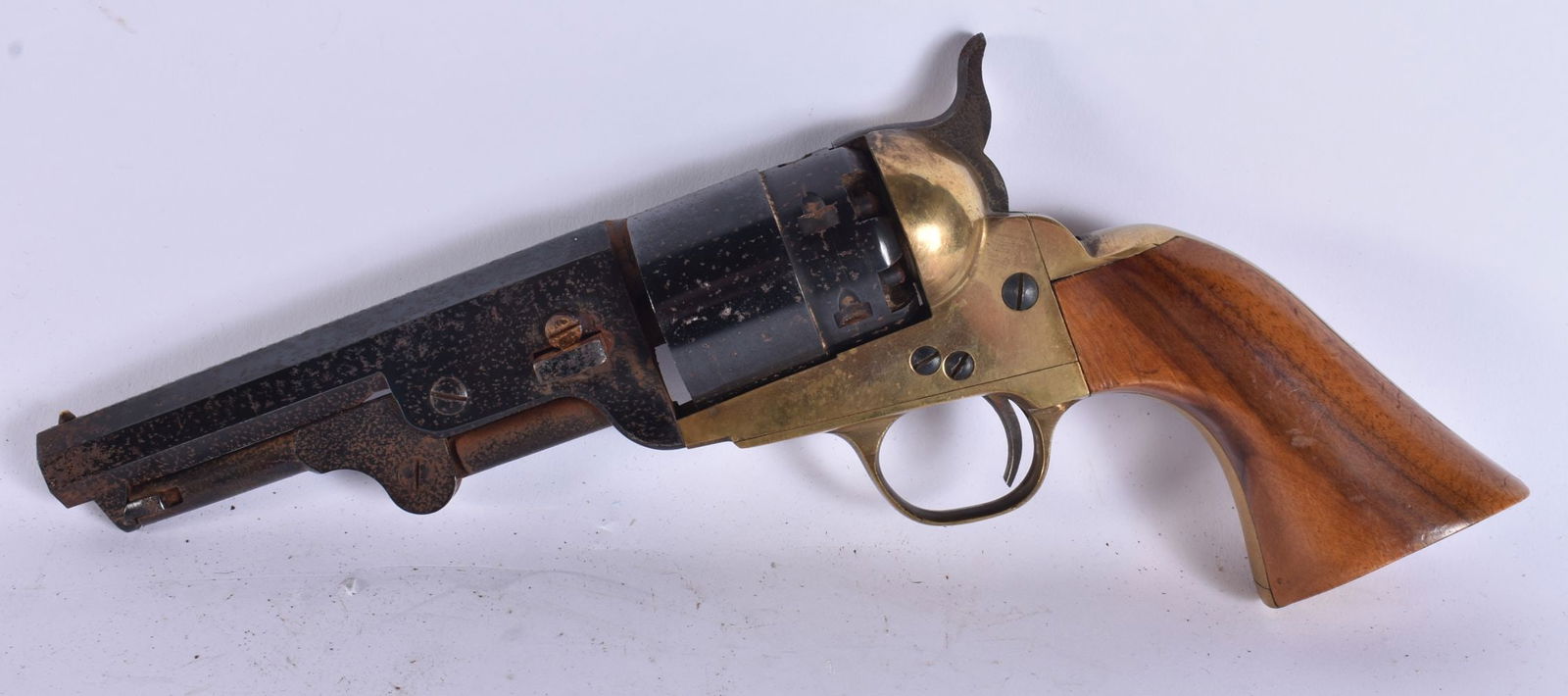 AN ANTIQUE SIX SHOT PISTOL. 24 cm wide. WE ARE UNABLE TO OFFER IN HOUSE SHIPPING ON THIS LOT (1 of 5)