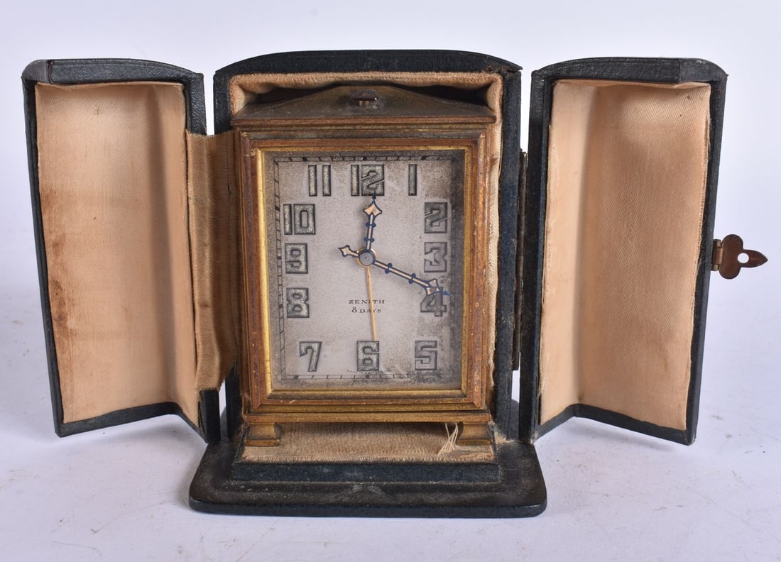 A BOXED ART DECO ZENITH TRAVELLING CARRIAGE CLOCK. 10 cm high. (1 of 6)
