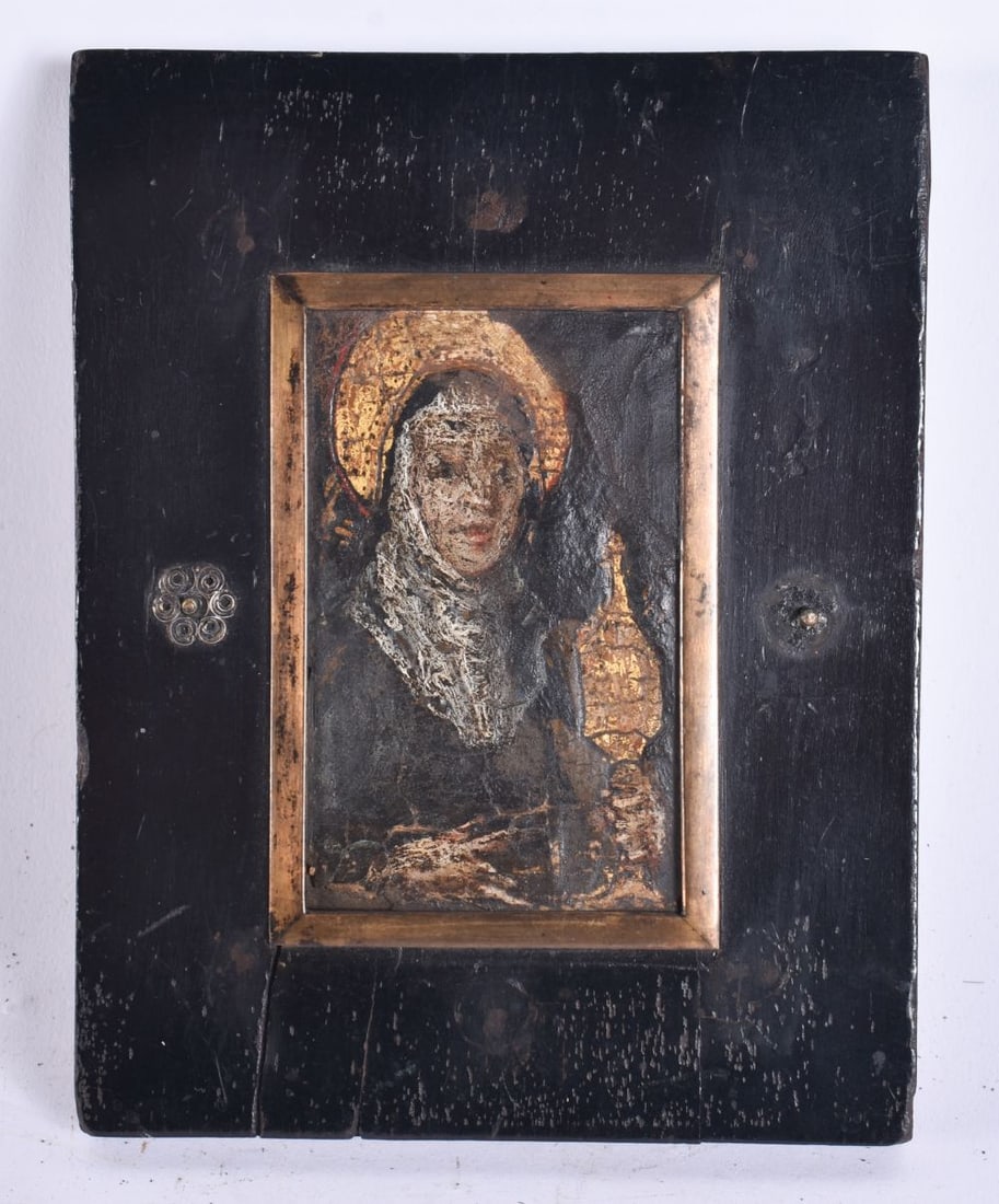 European School (16th/17th Century) Oil painting, Saint. 12.5 cm x 9.5 cm, image 7.75 cm x 5.5 cm.: European School (16th/17th Century) Oil painting, Saint. 12.5 cm x 9.5 cm, image 7.75 cm x 5.5 cm.