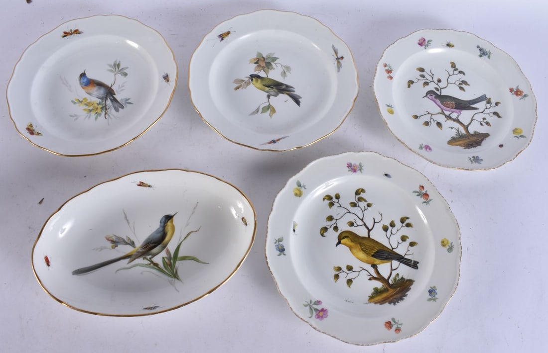 ASSORTED 19TH CENTURY MEISSEN ORNITHOLOGICAL PORCELAIN PLATES painted with birds. Largest 23 cm wide (1 of 7)