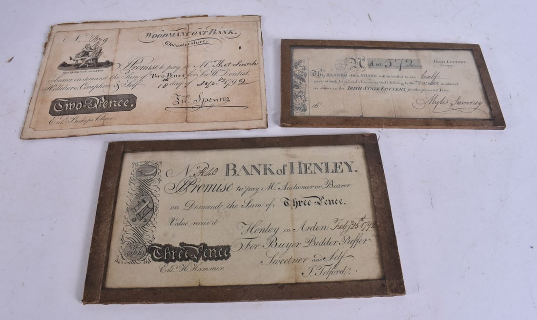 A GEORG III IRISH LOTTERY TICKET together two GEORG III auctioneer promise cheques. (3) (1 of 6)