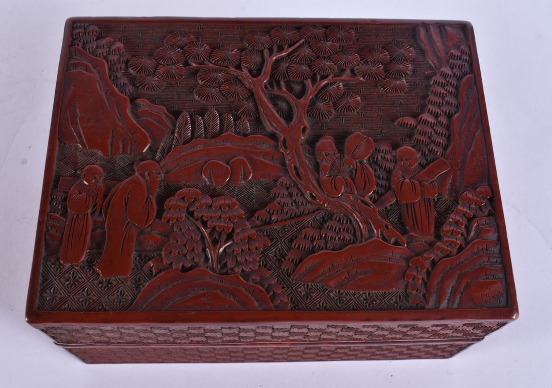 AN 18TH/19TH CENTURY CHINESE RECTANGULAR CINNABAR LACQUER BOX AND COVER Qing. 16 cm x 12 cm. (1 of 6)