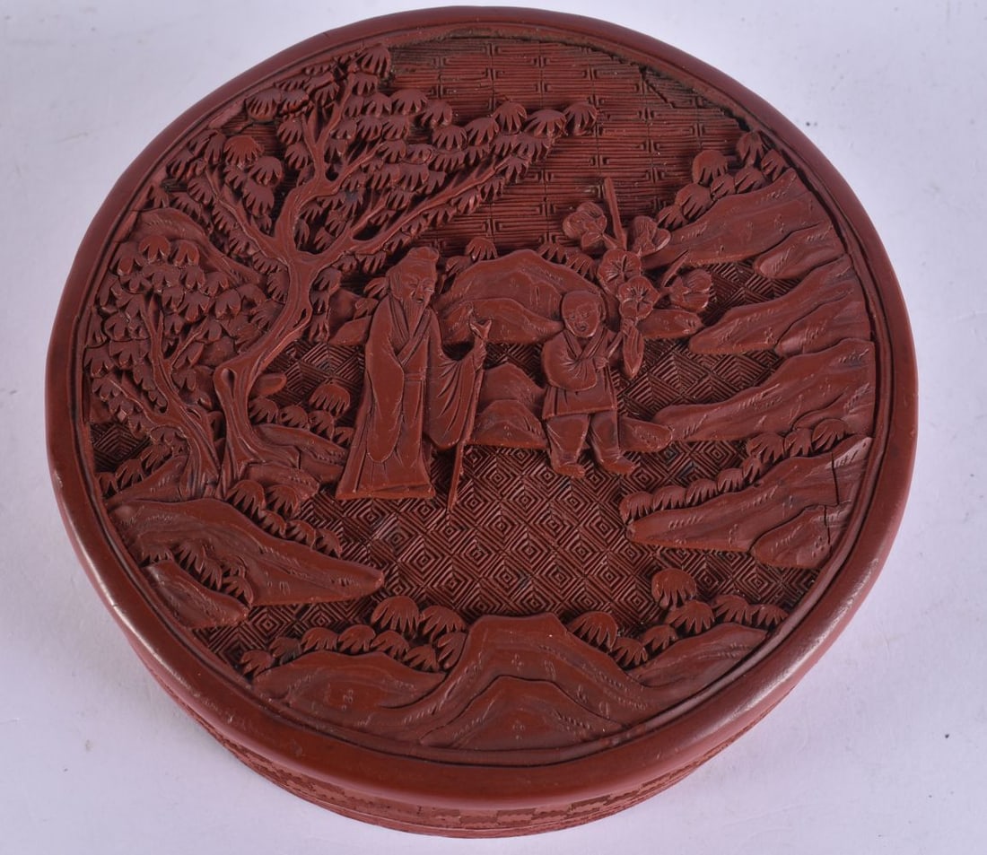 A 19TH CENTURY CHINESE CINNABAR LACQUER CIRCULAR BOX AND COVER Qing. 12.5 cm diameter. (1 of 6)