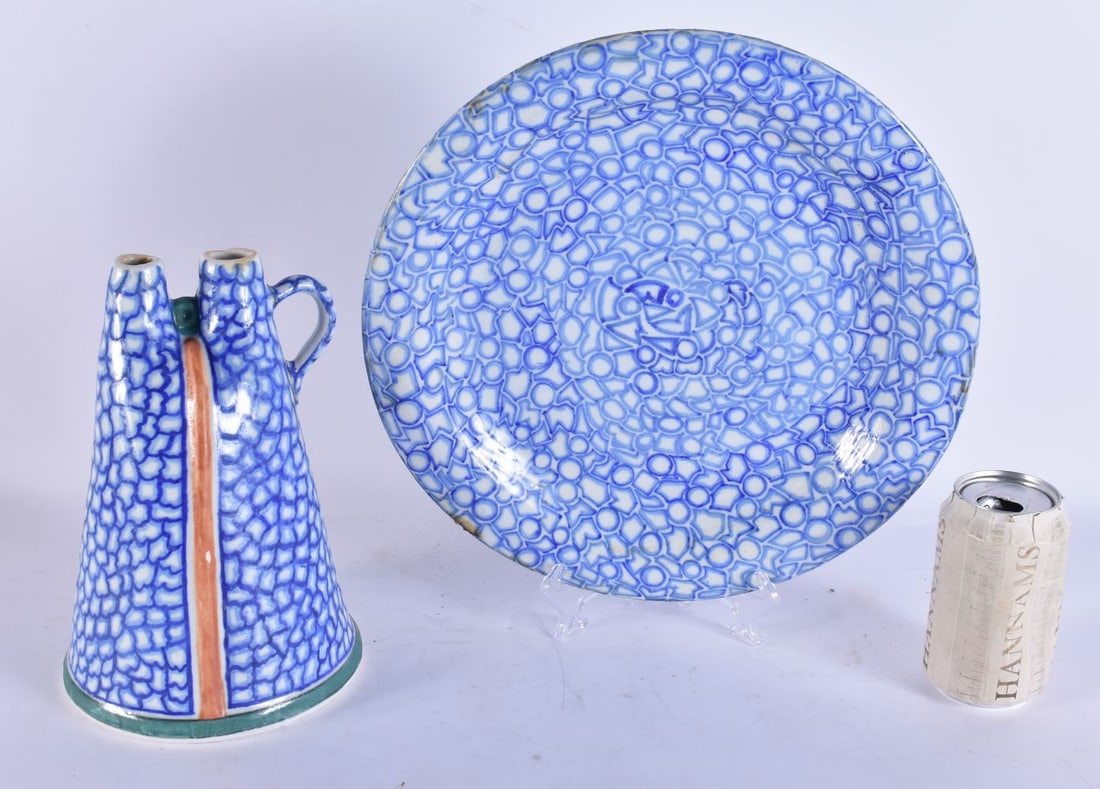 AN UNUSUAL TURKISH OTTOMAN POTTERY DOUBLE SPOUTED JUG together with a similar dish. Largest 29 cm wi (1 of 9)