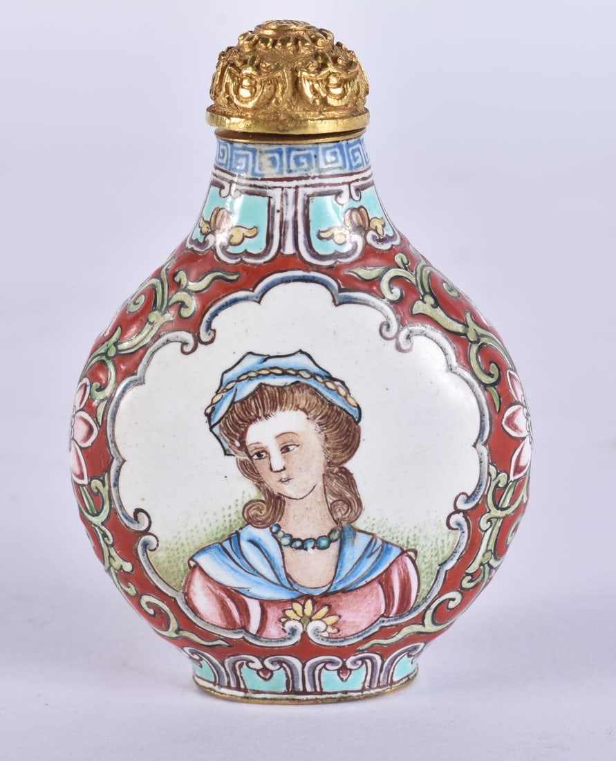 A FINE CHINESE QING DYNASTY CANTON ENAMEL 'EUROPEAN SUBJECT' SNUFF BOTTLE Qianlong mark and probably (1 of 6)