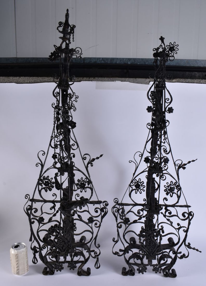 A LARGE AND UNUSUAL PAIR OF ARTS AND CRAFTS FIRESIDE ANDIRONS. 95 cm x 25 cm.: A LARGE AND UNUSUAL PAIR OF ARTS AND CRAFTS FIRESIDE ANDIRONS. 95 cm x 25 cm.