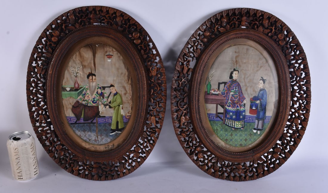 A LARGE PAIR OF 19TH CENTURY CHINESE CARVED SANDALWOOD FRAMES Qing, containing pith paper watercolou (1 of 11)