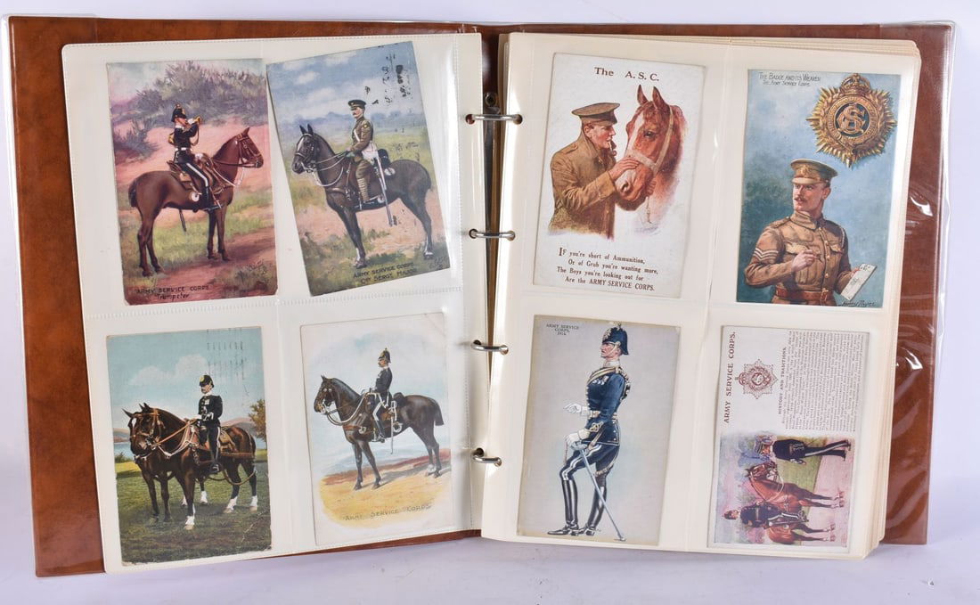 MILITARY INTEREST POSTCARD ALBUM and silk greetings cards including To The Trenches by Motorbus, Bri (1 of 6)
