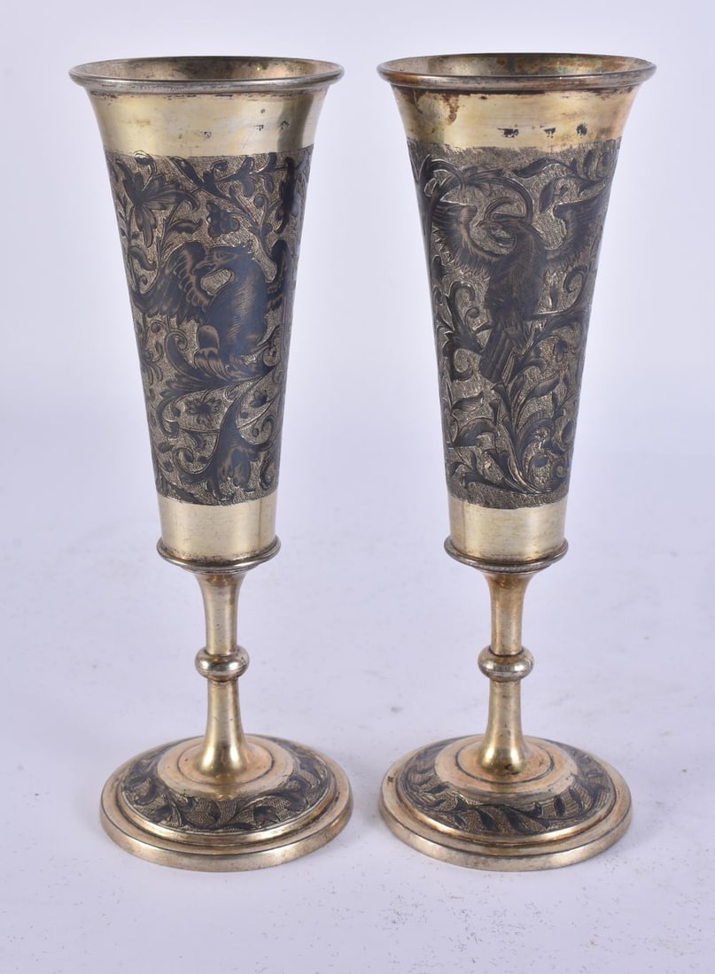 A PAIR OF ANTIQUE RUSSIAN NIELLO GOBLETS. 257 grams. 16 cm high. (1 of 6)