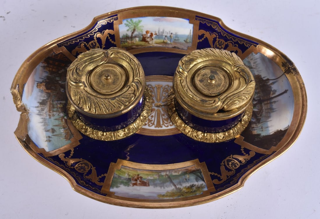 A 19TH CENTURY FRENCH SEVRES PORCELAIN AND ORMOLU DESK STAND painted with figures and landscapes. 25 (1 of 5)