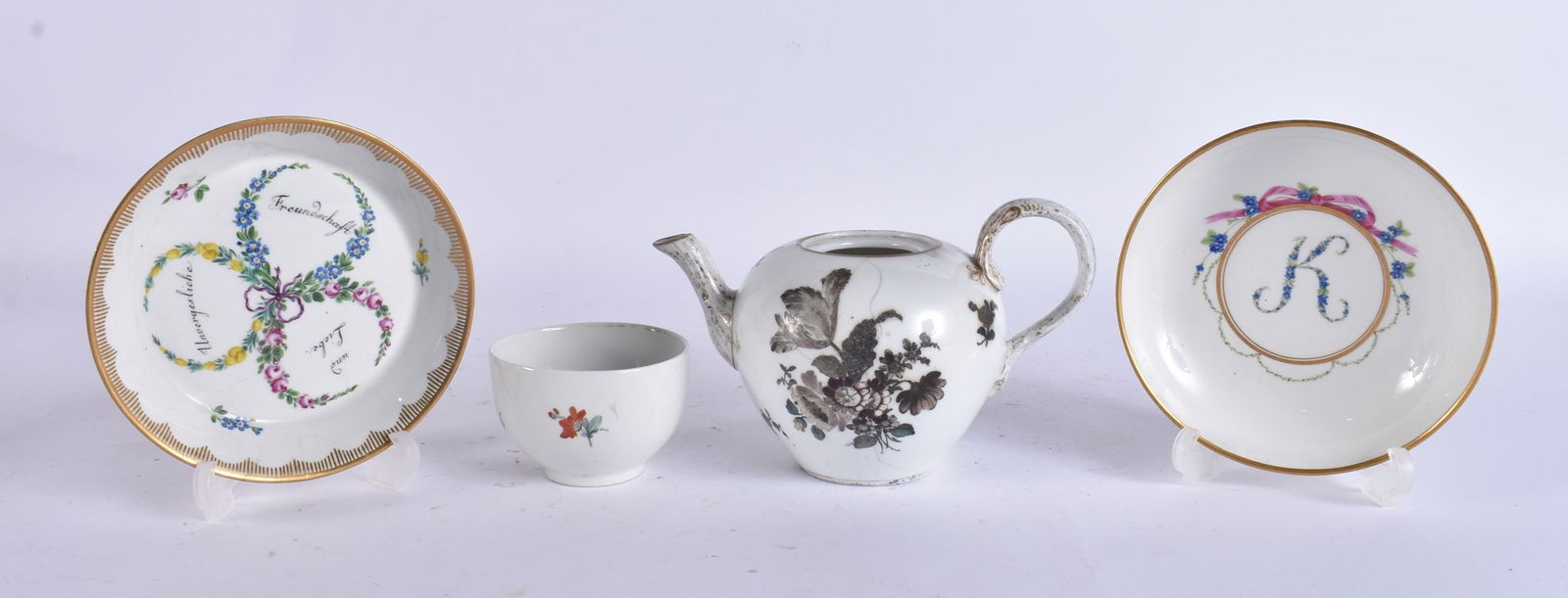 AN 18TH CENTURY MEISSEN PORCELAIN TEAPOT together with Antique Vienna saucers etc. (4) (1 of 8)