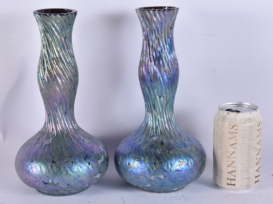 A PAIR OF ART NOUVEAU IRIDESCENT GLASS VASES possibly Loetz. 26 cm high. (1 of 5)