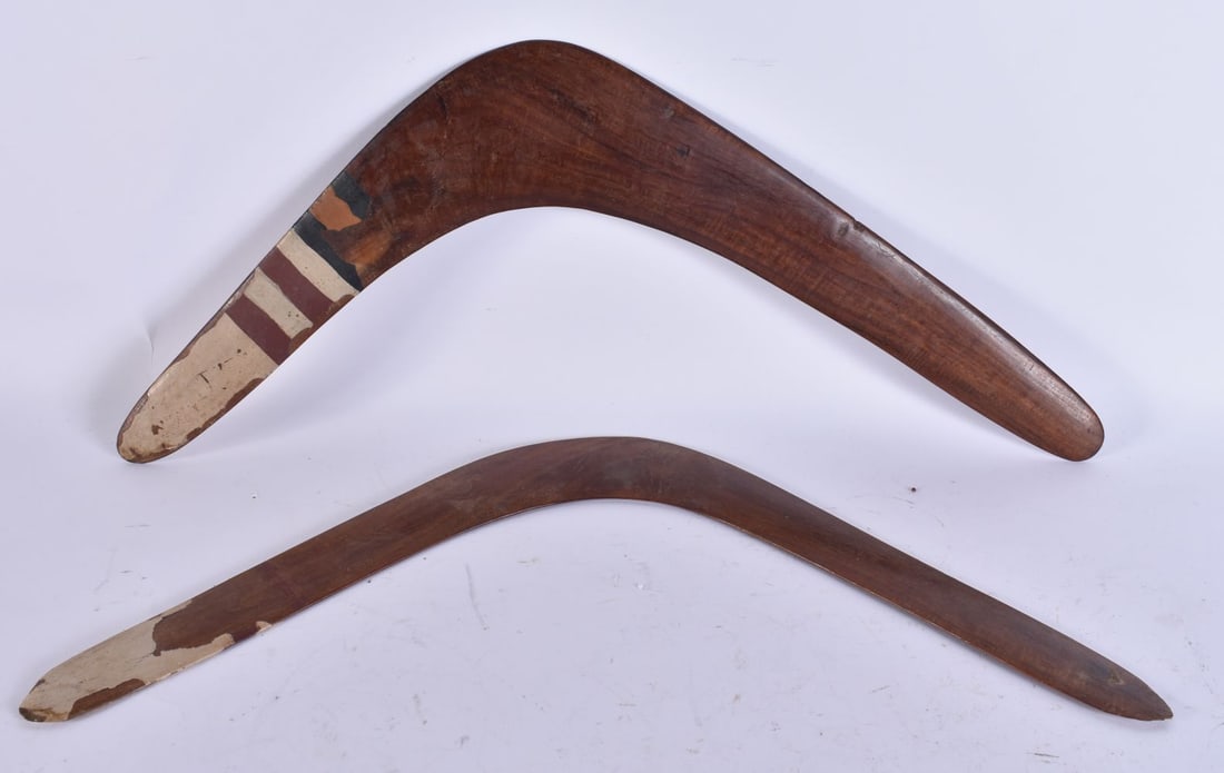 TWO AUSTRALIAN TRIBAL PAINTED WOOD ABORIGINAL BOOMERANGS. 50 cm wide. (2): TWO AUSTRALIAN TRIBAL PAINTED WOOD ABORIGINAL BOOMERANGS. 50 cm wide. (2)
