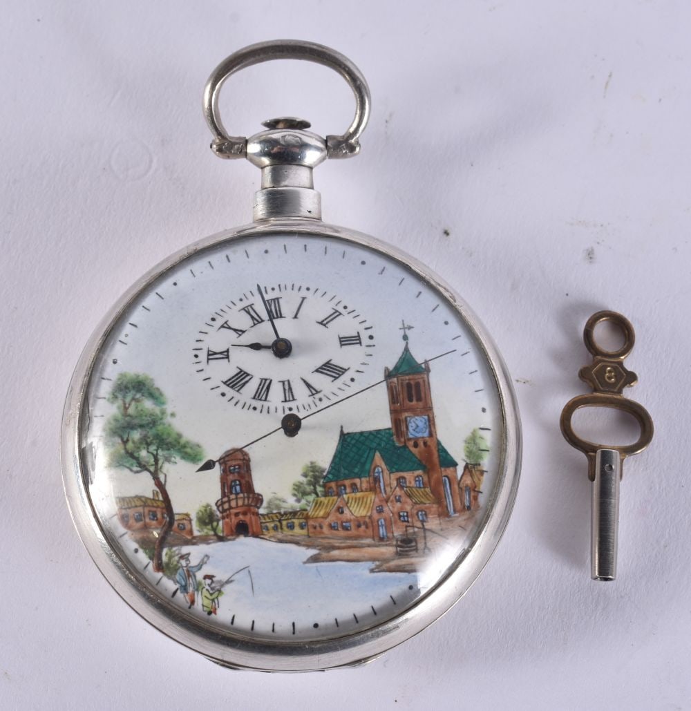 A FINE 19TH CENTURY CHINESE MARKET EUROPEAN SILVER POCKET WATCH with enamelled dial, painted with fi: A FINE 19TH CENTURY CHINESE MARKET EUROPEAN SILVER POCKET WATCH with enamelled dial, painted with figures fishing on a river. Running intermittently. 97 grams. 5.5 cm wide.