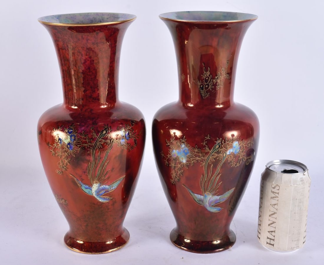 A LARGE PAIR OF ART DECO WILTON WARE VASES. 32 cm high. (1 of 5)